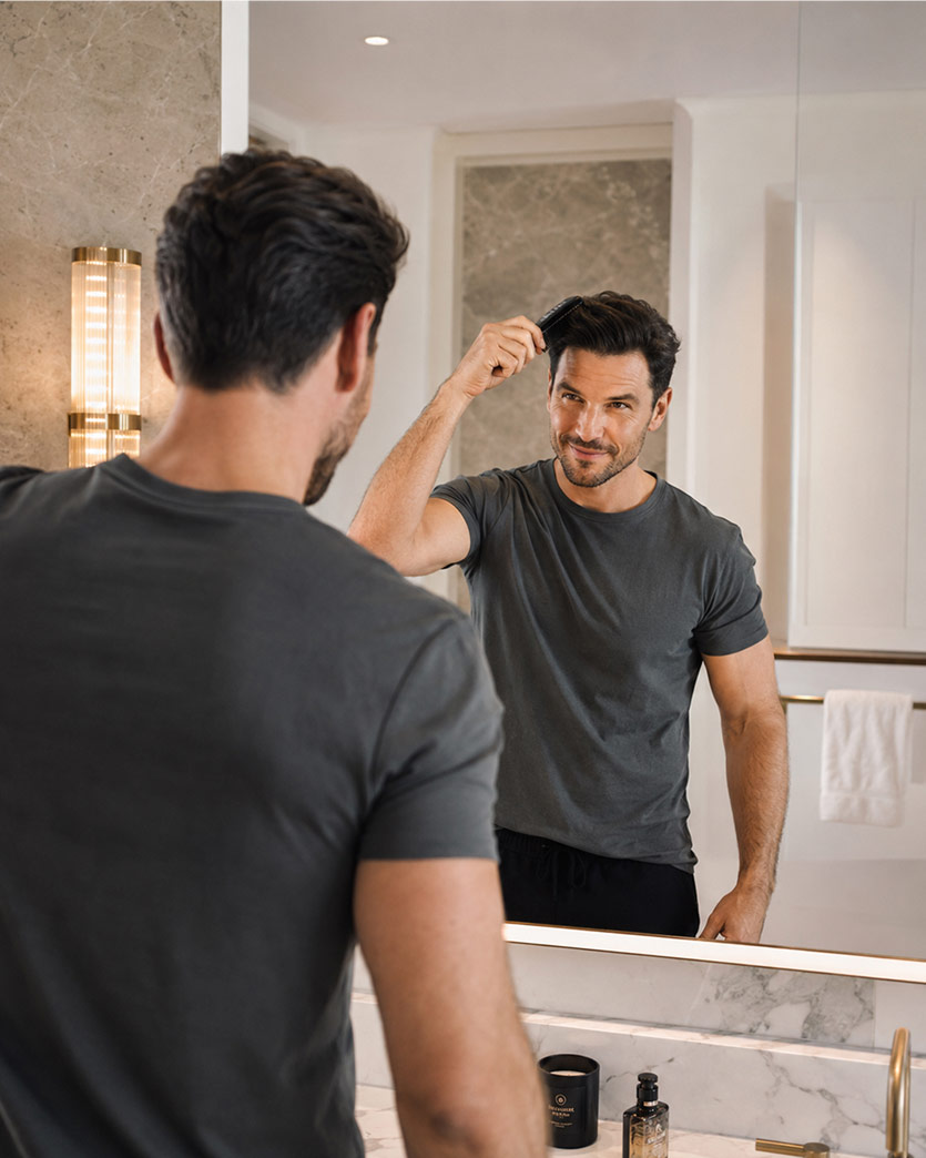 A man styling his hair in front of a bathroom mirror.